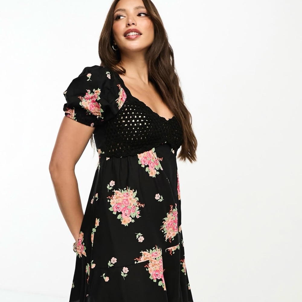 ASOS DESIGN Tall crochet bardot mini dress in dark floral print